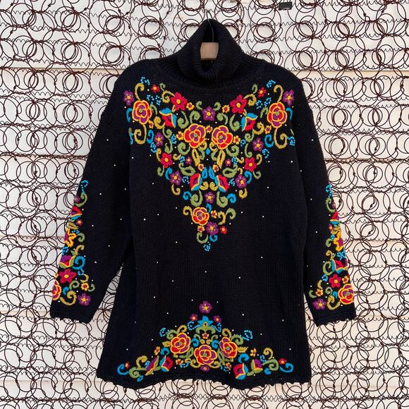 Vintage 90s Gaudy floral embroidered Gantos black sweater tunic - Picture 1 of 4